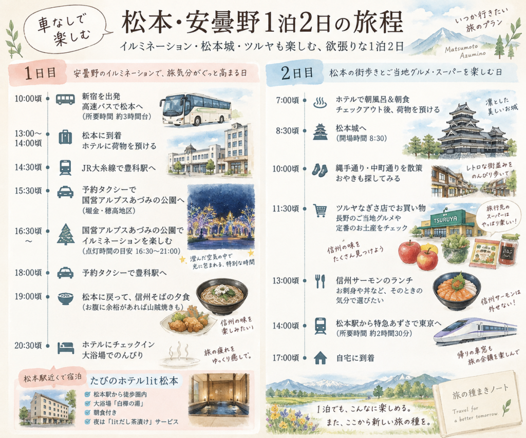 新宿から松本・安曇野を車なしで巡る1泊2日の旅行工程