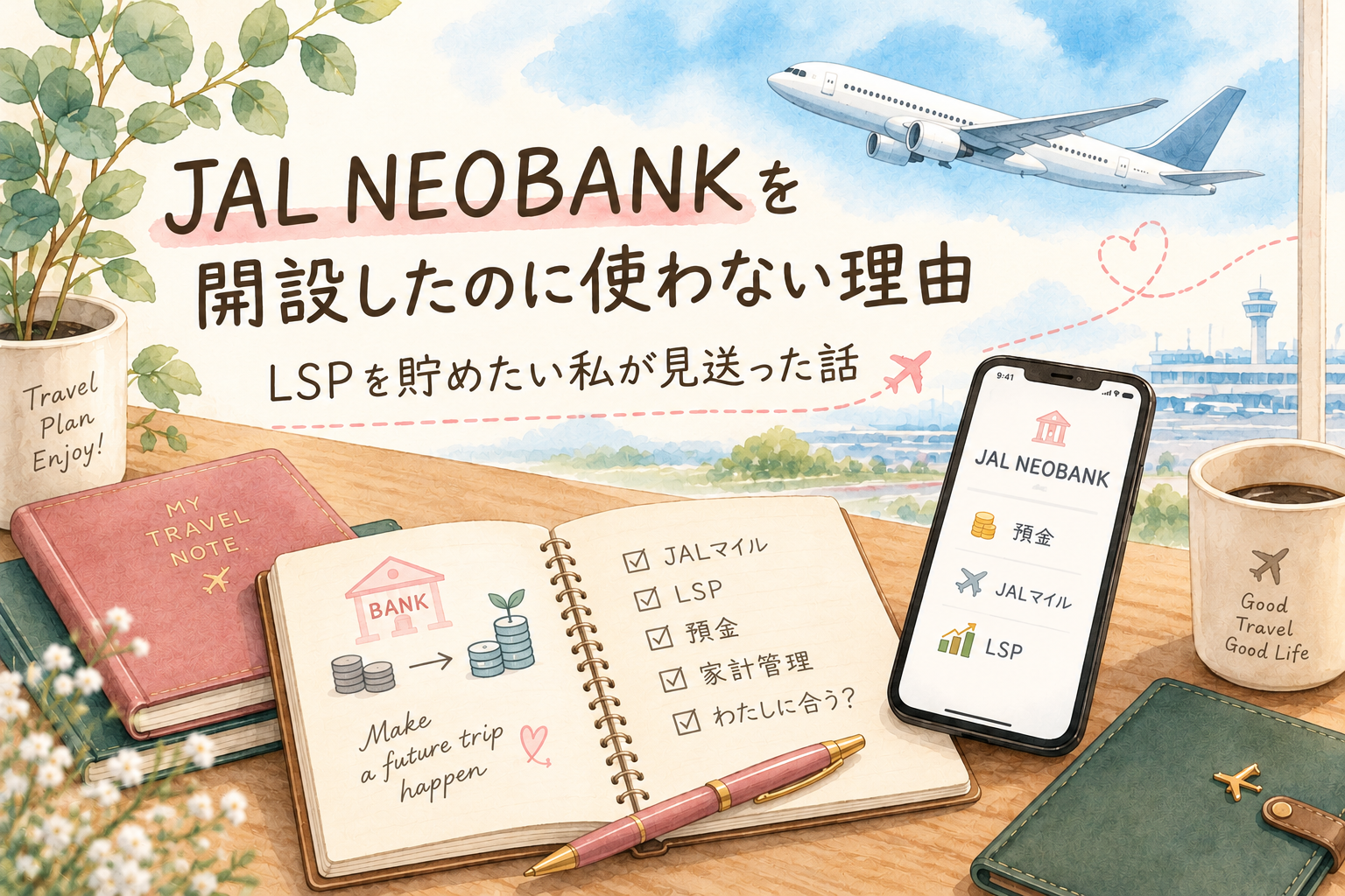 JAL NEOBANKを開設したのに使わない理由を紹介する旅ノート風イラスト
